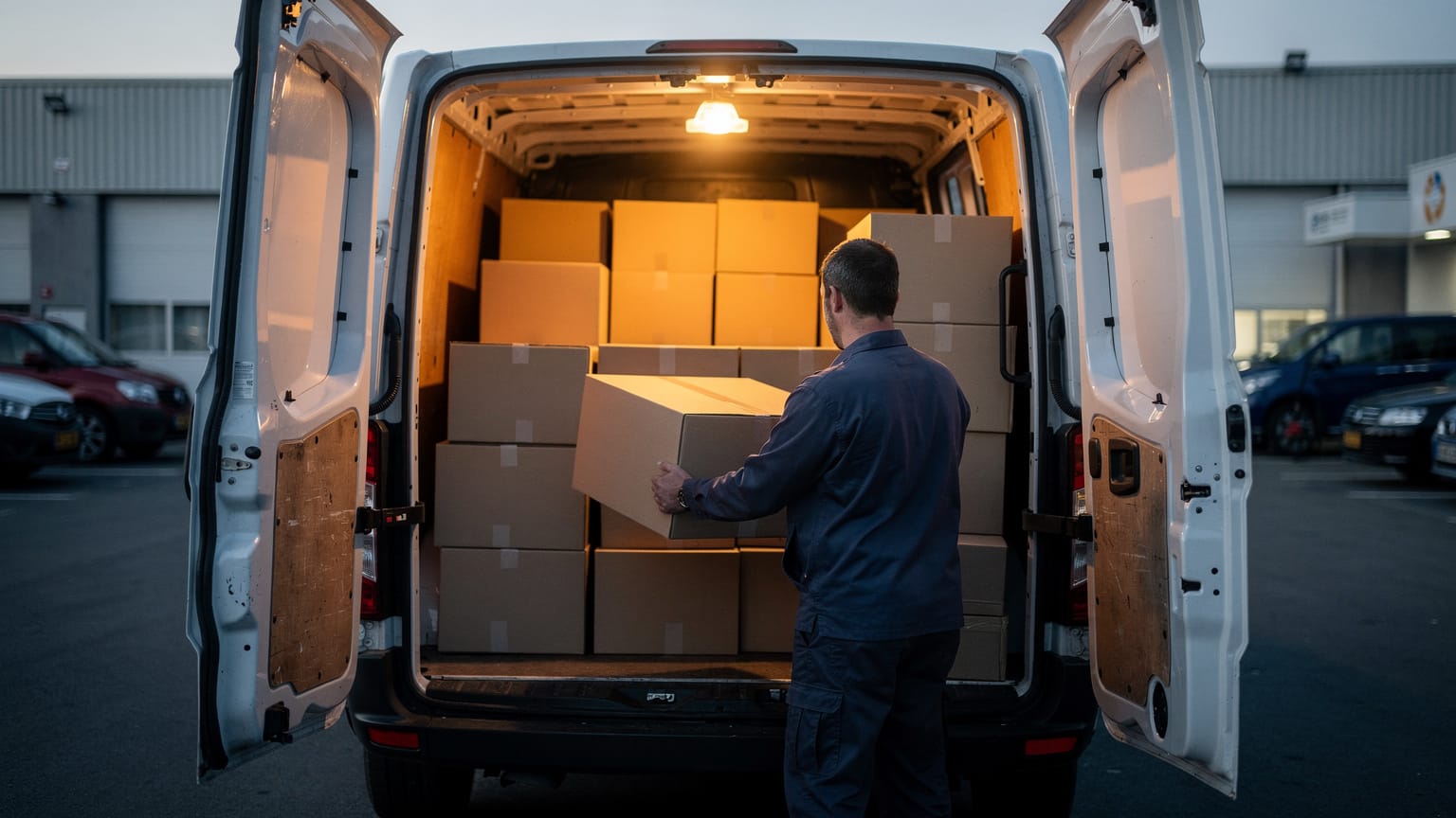 A driver lifts a cardboard box into the lit cargo area of a white van, its rear doors open in a depot yard at dawn.