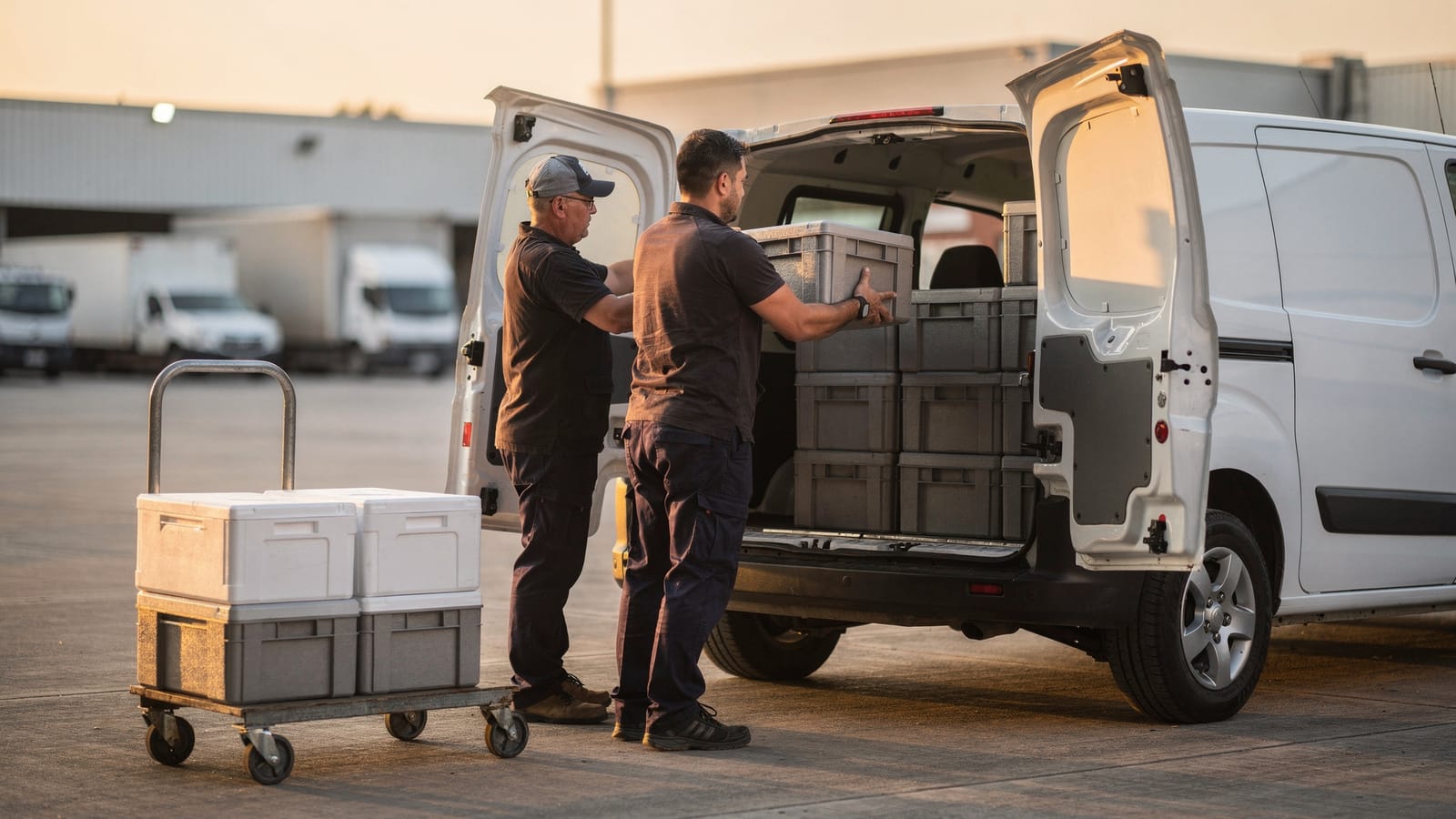 Two workers load grey insulated crates into the open rear doors of a white van at a depot at dawn, with more crates waiting on a trolley.