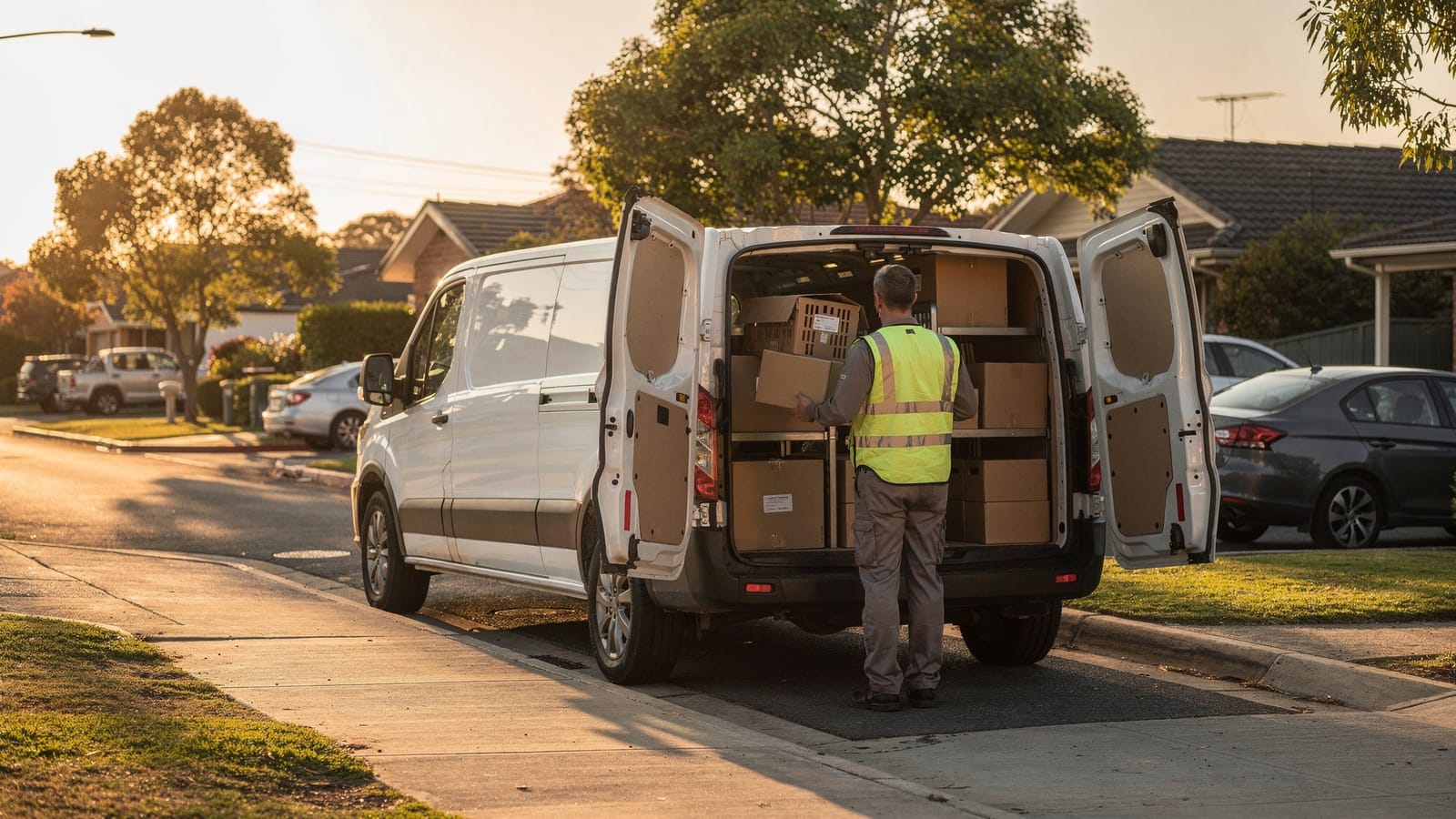 A delivery driver in a hi-vis vest lifts a cardboard box from shelves inside a white van parked at a suburban kerb at sunrise.