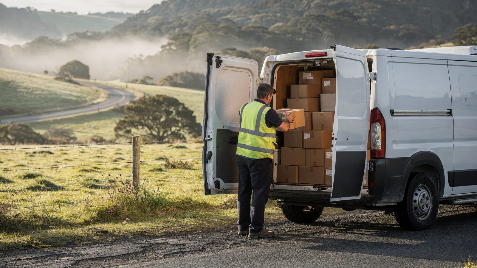 A delivery driver in a high-visibility vest unloads parcels from a white van parked beside a misty rural road, pasture and wire fence.