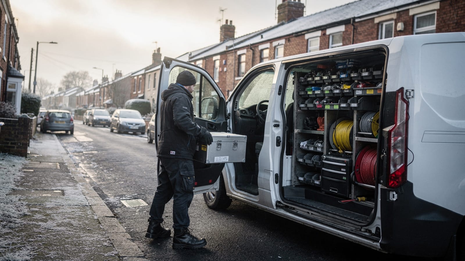 A technician in winter workwear carries a metal toolbox towards an open white van on a frosty terraced street at dawn.