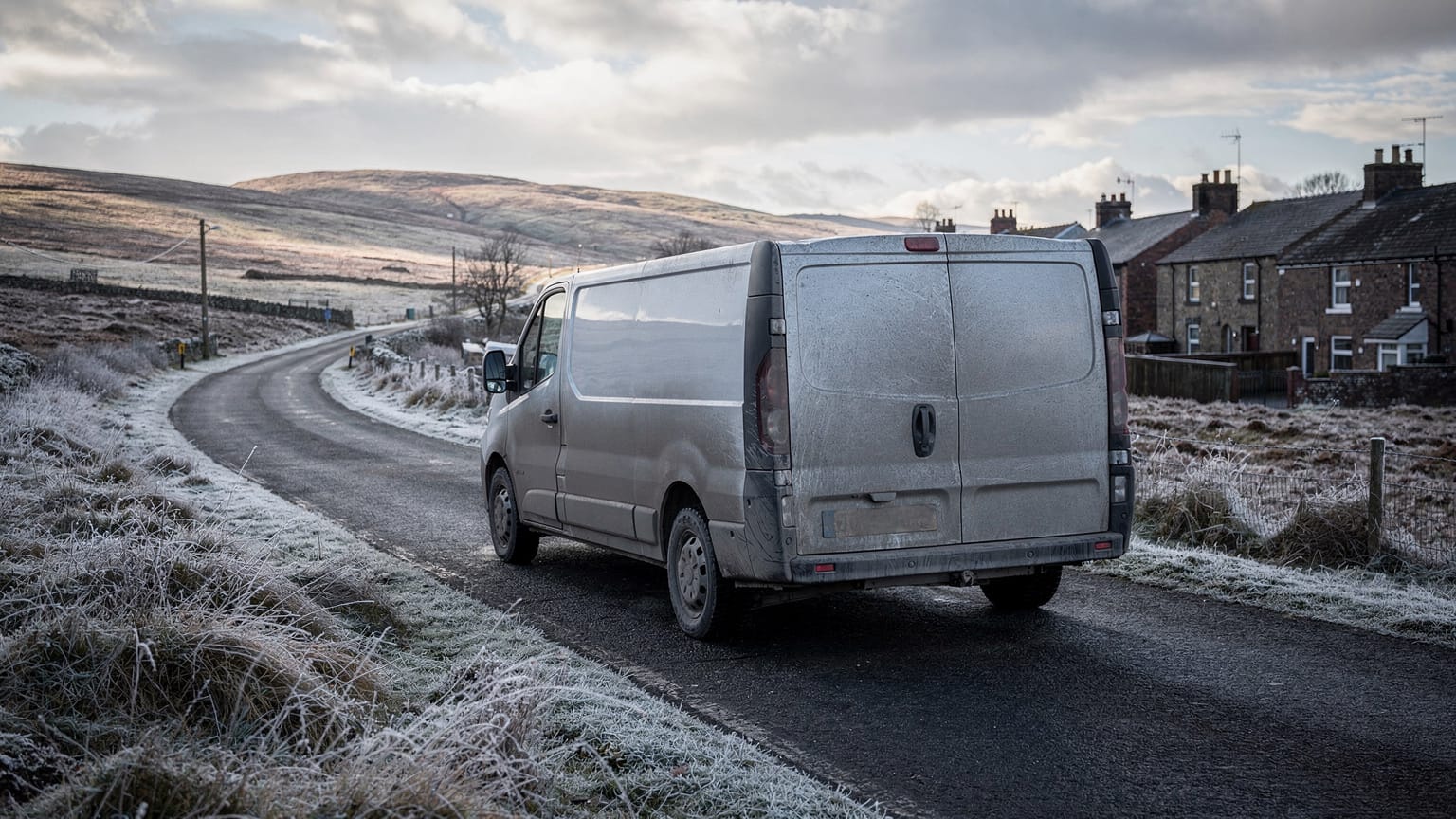 A dusty silver delivery van on a frost-edged single-track road winding through open moorland, with stone cottages and low hills under a cloudy winter sky.