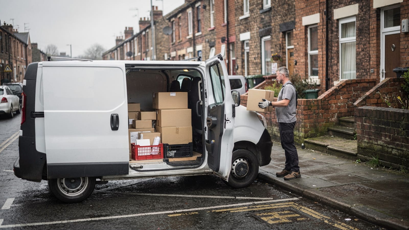 A delivery driver in work gloves lifts a cardboard parcel beside a white panel van parked on a wet terraced street of red-brick houses.